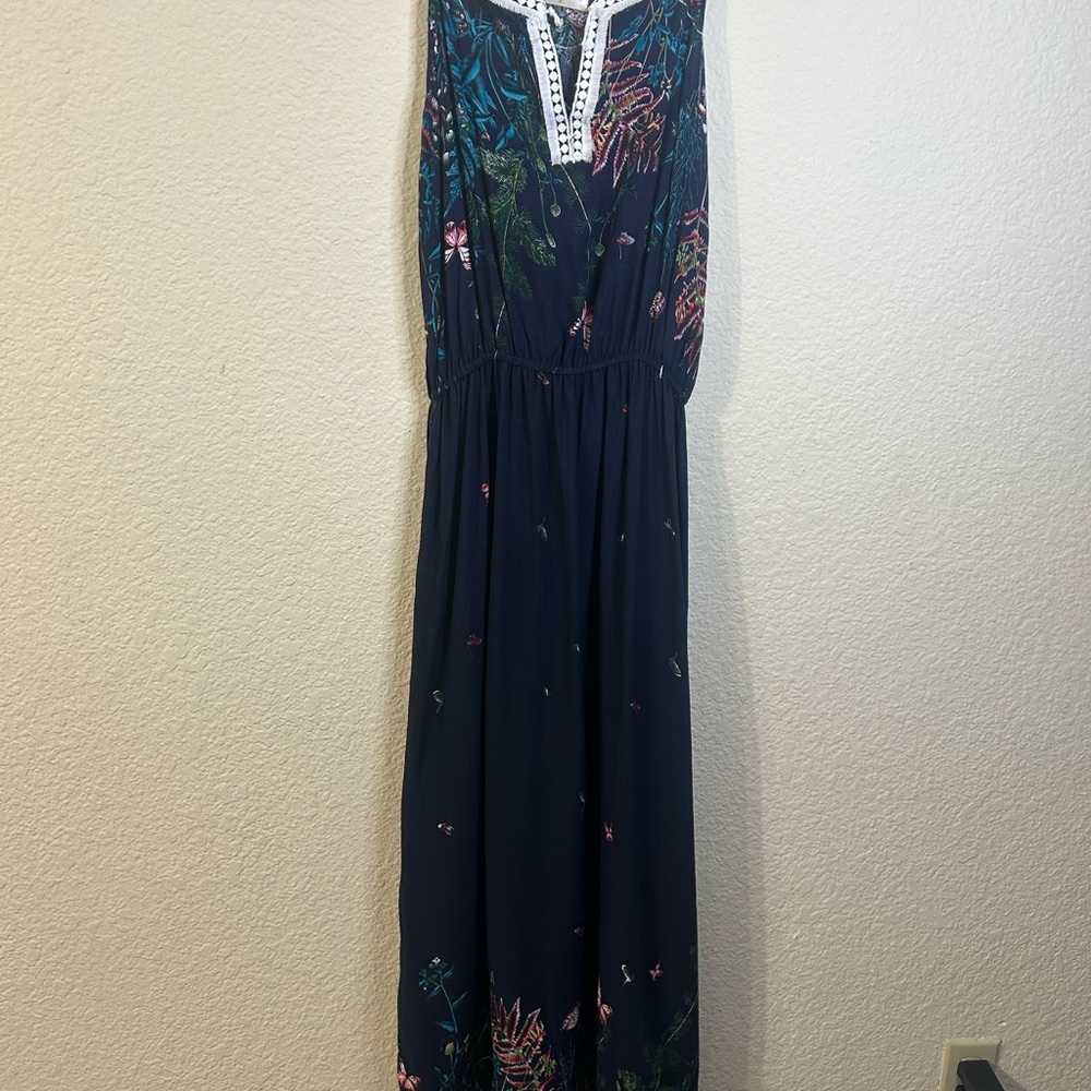 Seven Islands Faux Embroided Sleeveless Floral Navy Maxi Dress tie Front Flowy S